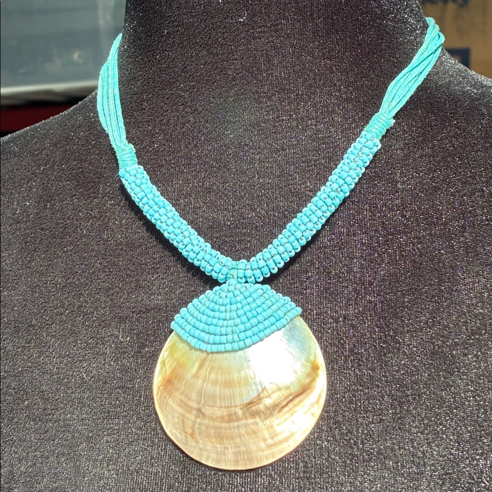Blue Beaded Necklace with Shell Pendant